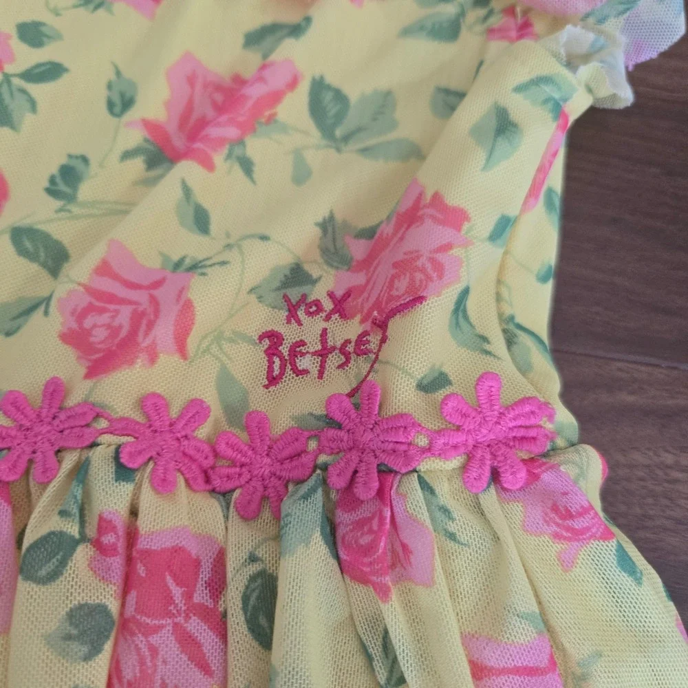 Betsey Johnson Girls Yellow Pink Floral‎ Mesh Tiered Dress Flutter Sleeve 6X